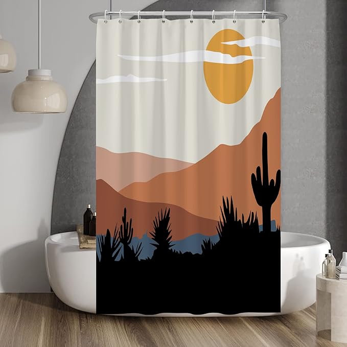 Baocicco Mid Century Shower Curtain Sun Mountains Cactus Modern Abstract Boho Art Shower Curtains Decorative for Bathroom Home Bathtubs Waterproof Fabric Shower Curtain with Hooks 48x72 Inches