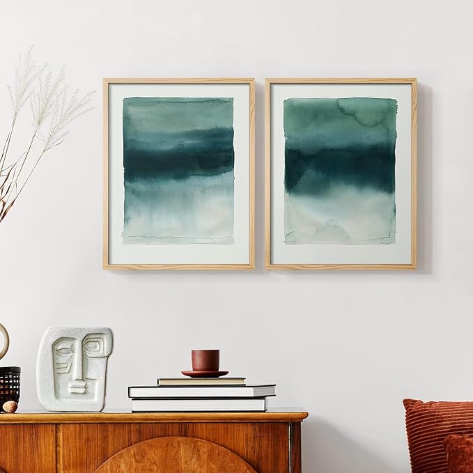 Renditions Gallery Set of 2 Peel & Stick Framed Prints, Tie Dye Abstract Wall Art, Sage Green Watercolor Horizon Wall Decor, Re-Stickable - Ready to Hang - 8"x10" - NATURAL WOOD Frame LT588