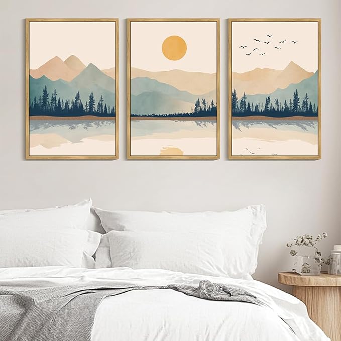 KUVIOKE Mountain Landscape Framed Canvas Wall Art Watercolor Nature Laker Painting Sun Rises Boho Farmhouse Rustic Room Decor for Bedroom Dining Room 24x36in (Natural Framed)