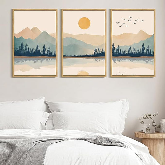 KUVIOKE Mountain Landscape Framed Canvas Wall Art Watercolor Nature Laker Painting Sun Rises Boho Farmhouse Rustic Room Decor for Bedroom Dining Room 24x36in (Natural Framed)