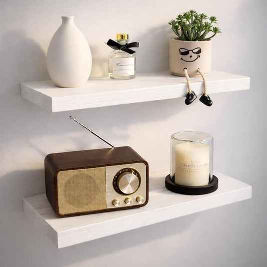 BGMG Wood Floating Shelves 24 inch Long,Rustic Solid Wooden Deep Wall Shelves for Bathroom Living Room Bedroom Kitchen Farmhouse Set of 2-24x6.7x1.25 inch-White