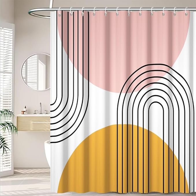 Pink and Orange Boho Shower Curtain for Bathroom Modern Abstract Minimalist Bathroom Decor Set Mid Century Arch Sun Aesthetic Bathtub Curtain Washable Waterproof Polyester Fabric with Hooks 60x72 Inch