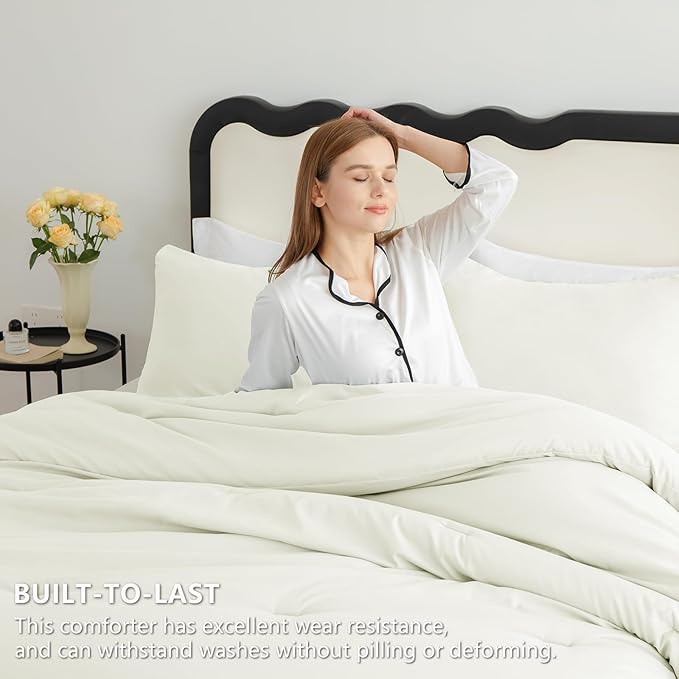CozyLux King Size Comforter Set Ivory, 3 Pieces Lightweight Down Alternative Quilted Bedding Sets, All Season Soft Breathable Solid Comforter with 2 Pillowcases, Luxury Bed Set Gift for Home