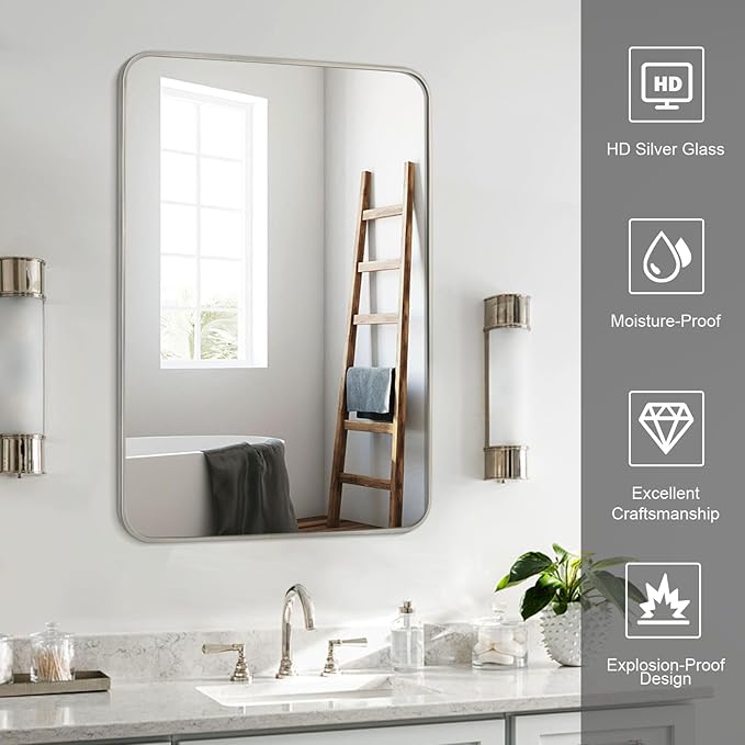 Bathroom Mirror Brushed Nickel, 24 x 32 Inch Metal Frame Rectangle Mirror Rounded Silver Modern Vanity Mirror Anti-Rust for Bathroom, Farmhouse Wall Mounted Vertically/Horizontally