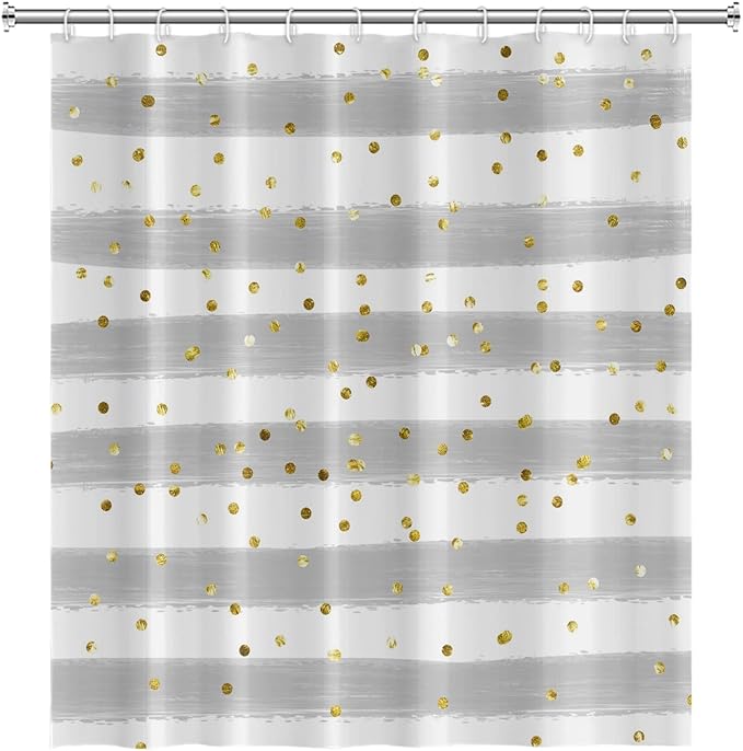 Grey and White Stripes Shower Curtain for Bathroom Abstract Lines Gold Spots Shower Curtain Waterproof Polyester Fabric Modern Art Aesthetics Home Decor Bath Curtain with Hooks, 36x72 Inch