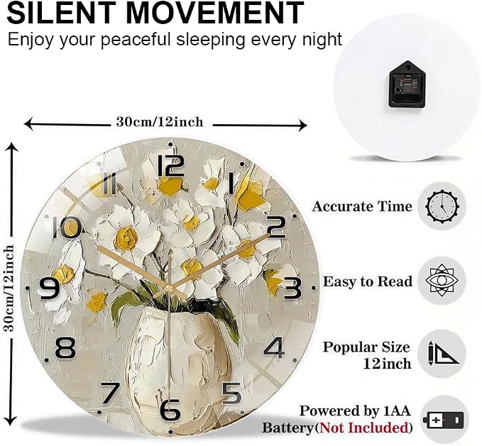 12 Inch White Floral Glass Wall Clock Silent Modern Art Decor | Silent glossy wall clock with an elegant impasto floral painting design, tracking time perfectly for your living room