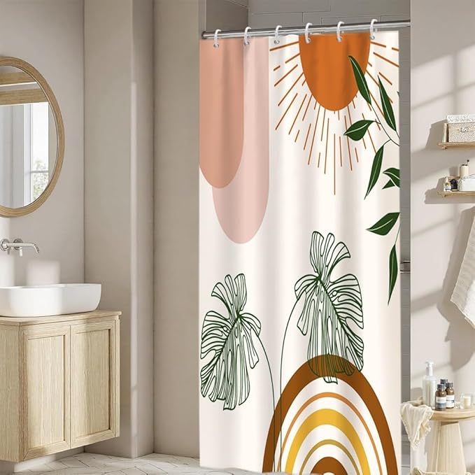 Mid Century Boho Shower Curtain for Bathroom Green Leaves Red Sun Arch Stripes Shower Curtains Modern Bohemian Abstract Bathroom Decor Set Washable Waterproof Polyester Fabric with Hooks 48x72 Inch