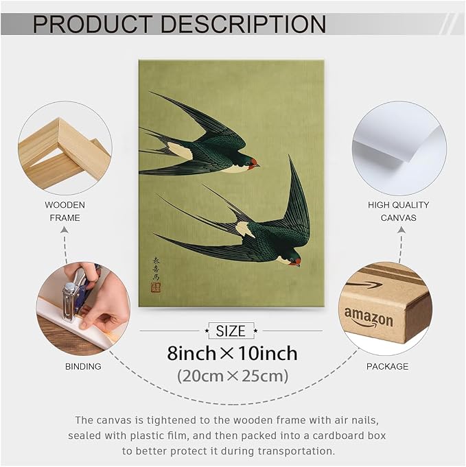 Wrapped Framed Japanese Flying Swallow Wall Art Asian Japandi Bird Animal Poster Nature Vintage Green Canvas Prints for Living Room Bedroom Home Decor 08x10 inch