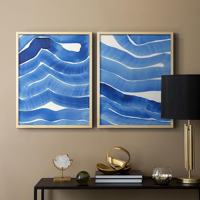 Renditions Gallery Set of 2 Peel & Stick Framed Prints, Watercolor Abstract Wall Art, Bold Brushstrokes in Shades of Blue Wall Decor, Re-Stickable - Ready to Hang - 22"x28" - NATURAL WOOD Frame LT588