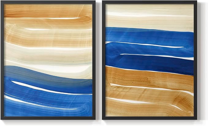 Renditions Gallery Set of 2 Peel & Stick Framed Prints, Abstract Wall Art, Blue and Gold Wave Textured Background Wall Decor, Re-Stickable - Ready to Hang - 16"x20" - Black Frame LT588
