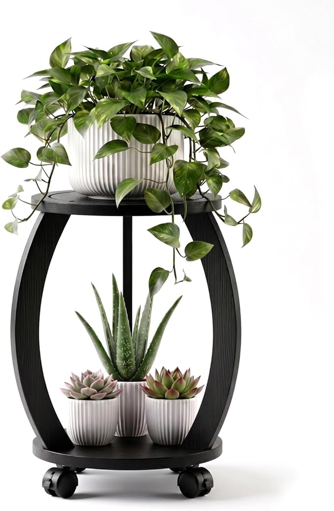 2 Tier Wooden Plant Stand Indoor with Wheels – Tall Plant Stand for 6-12 Inch Pots, Mid-Century Modern Rustic Plant Table Indoor, Pedestal Stand for Corner, Living Room, Balcony, Black