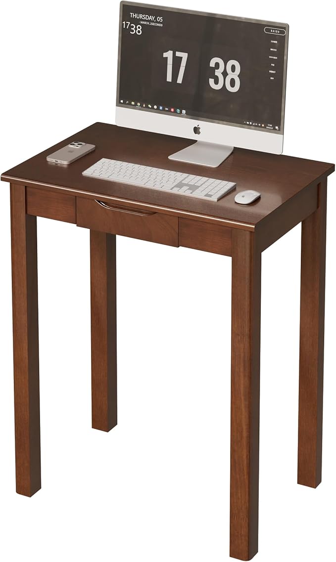 Solid Wooden Desk with Drawers - 24 x 16 Inch Vintage Narrow Desks, Mid Century Modern Desks, Rubber Wood Study Table, Small Writing Desk for Bedroom|Small Spaces - Walnut Color