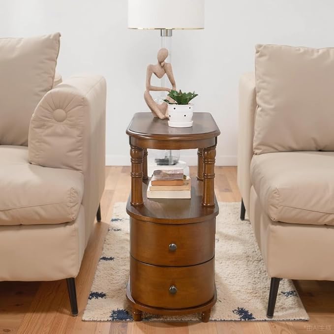 Biaco Solid Wood End Table with 2 Drawers - Caramel Brown Retro Narrow Side Table with Storage Shelf, No Assembly Required Slim Nightstand for Small Spaces/Apartment (23.4"Lx11.4"Wx25.3"H), BG-A508-MG