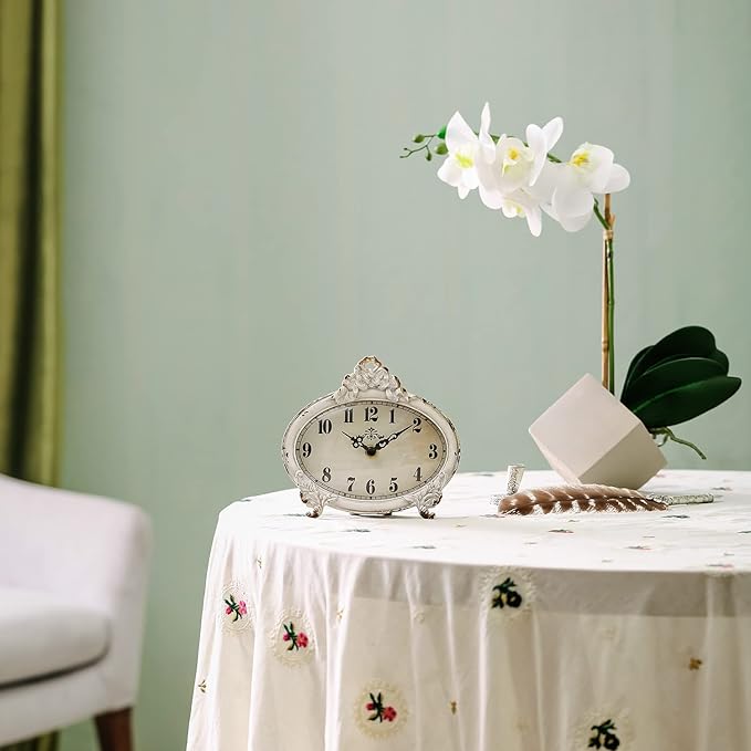 NIKKY HOME Vintage White Desk Clock, Rustic Home Decor | Rustic distressed white clock with classic design. Silent operation for mantels, desks, shelves, and farmhouse interiors.