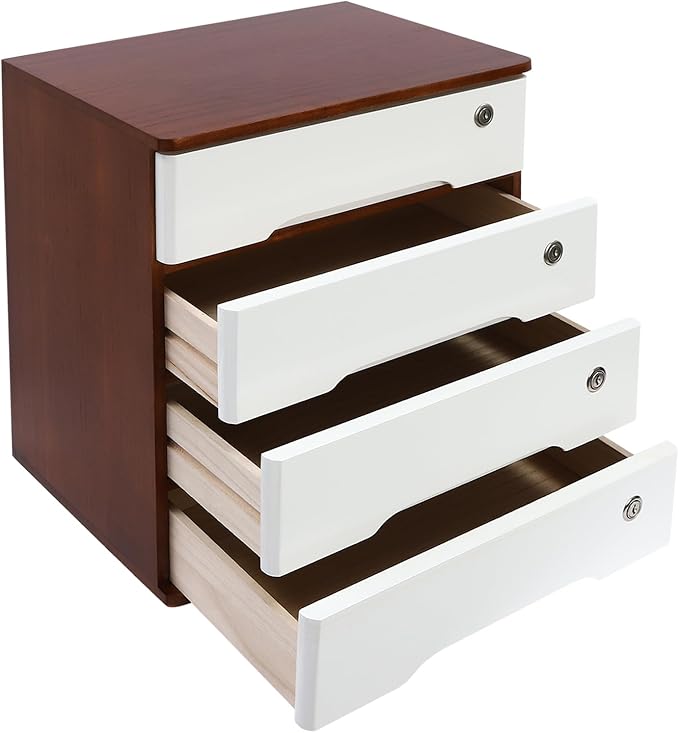 Desktop File Organizer with Lock, 2/3/4 Tier Multi-Drawer Wooden Storage Cabinet, Office Supply Organizer for Home Desk, Study & Workplace (Wine Red + White, 4 Layers)