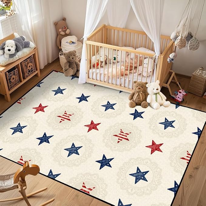 Star Area Rug 3'x5' Vintage Red Blue White Carpet Washable Low Pile Floor Mat Rugs for Entryway Bedroom Living Room Nursery Kitchen Playroom Home Decor
