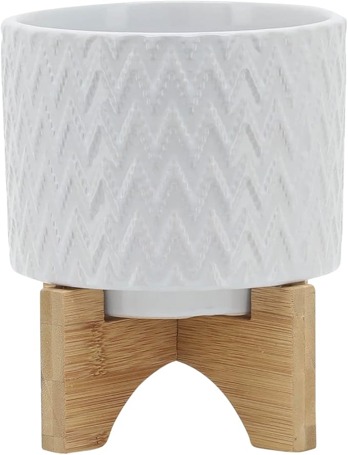 Modern Ceramic Planters with Wood Stand for Home Decor Elegant Flower Pots for Entryway, Garden, and Patio - Decorative Raised Container for Indoor and Outdoor Plants - 8", White & Tan