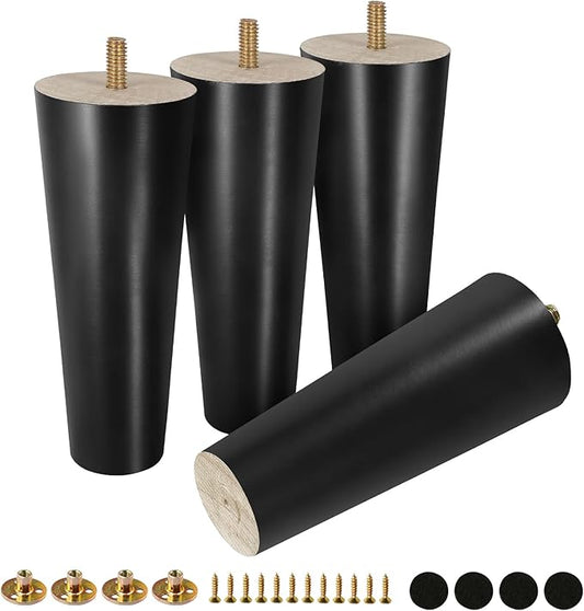 FoDau770 Black Rubber Wood Furniture Legs 6 Inches, Straight Tapered Wood Feet Mid Century Sofa Legs Set of 4, 5/16" UNC Furniture Feet for Cabinet Couch Dresser Chair Ottoman Table