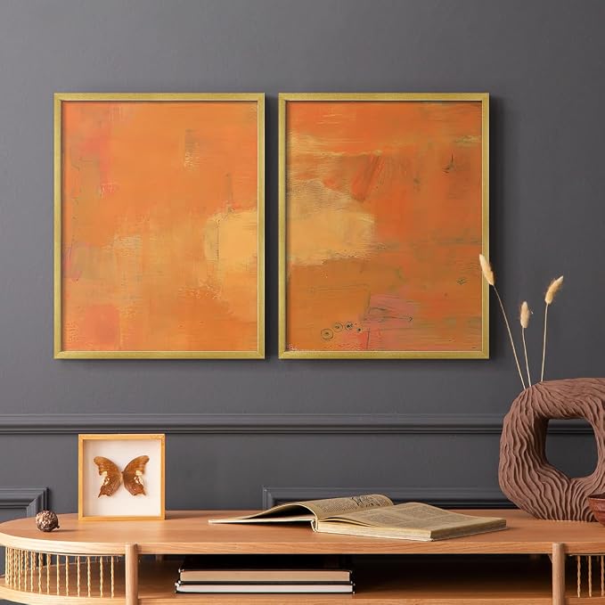 Renditions Gallery Set of 2 Peel & Stick Framed Prints, Abstract Wall Art, Rustic Fain Marking with Brush Strokes Wall Decor, Re-Stickable - Ready to Hang - 22"x28" - GOLD Frame LT588