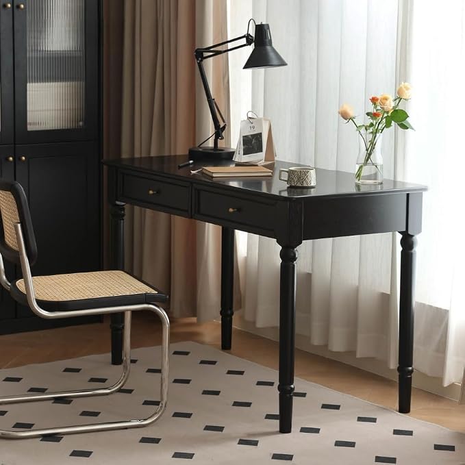 Solid Wood Computer Desk with Double Drawers, Black Vintage Rubber Wood Writing Desk for Home Office 47.2"