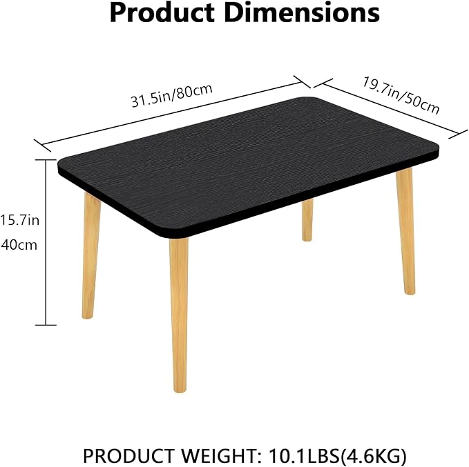 Square Coffee Table Low Table with 4 Solid Wood Sturdy Legs,Floor Table Desk for Sitting on The Floor,19.7"D x 31.5"W x 16"H Inches,Living Room/Toy room Furniture,Rental house Furniture(Black-Square)