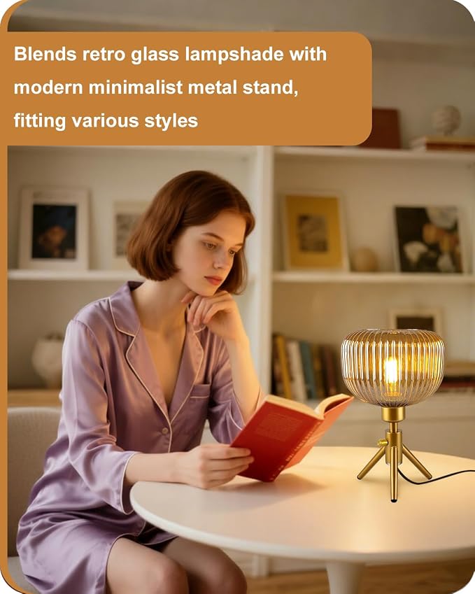 Lightdot Tripod Glass Table Lamp Gold Small Desk Lamp with Brown Striped Glass Shade, 3000K Warmwhite Dimmable Nightstand Lamp for Bedroom/Bedside/Living Room/Study Room/Home Decor