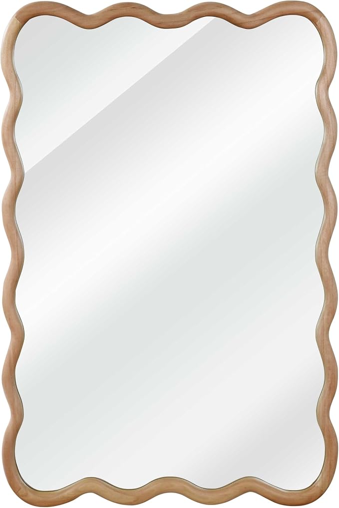 36x24 Inch Wooden Wavy Rectangle Wall Mirror, Modern Solid Wood Frame Decorative Accent Mirror for Bedroom, Bathroom, Living Room, Entryway, Natural Wood Color