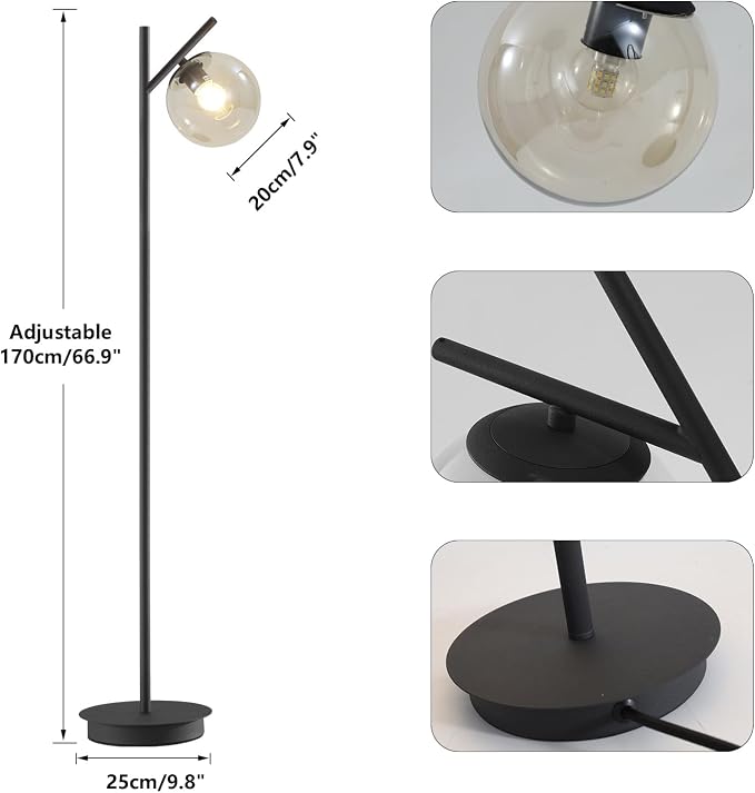 Vintage Floor Lamp for Living Room Mid Century Black Floor Freestanding Lamp Farmhouses Cognac Glass Globe Standing Tall Pole Lamp for Study Room Hotel Bedroom