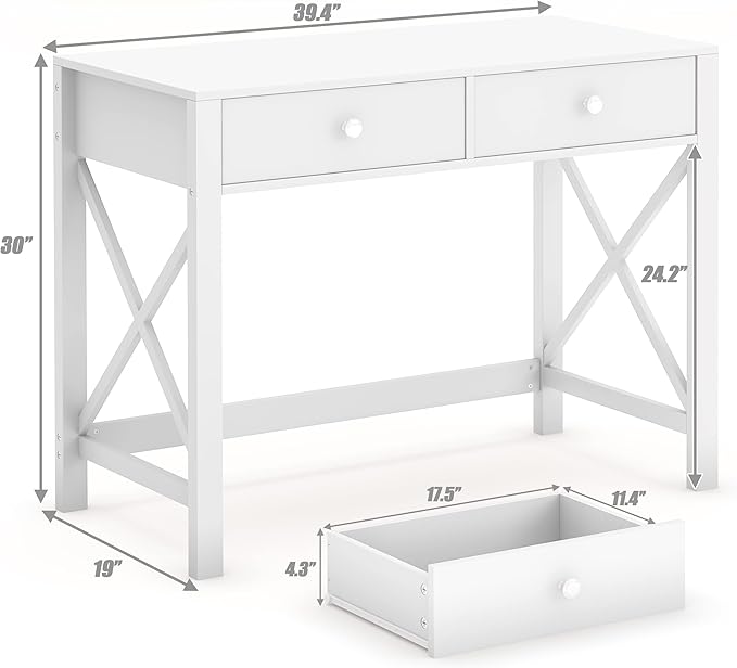 WiberWi Home Office Desk with Drawers, Modern Writing Computer Desk for Bedroom, Small Makeup Vanity Table Study Table for Home Office,White