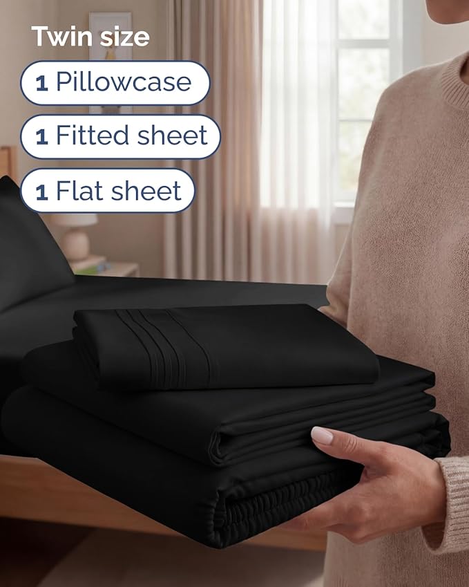 Twin Size 3 Piece Sheet Set - Comfy Breathable & Cooling Sheets - Hotel Luxury Bed Sheets for Women & Men - Deep Pockets, Easy-Fit, Extra Soft and Wrinkle Free Sheets - Black Oeko-Tex Bed Sheet Set