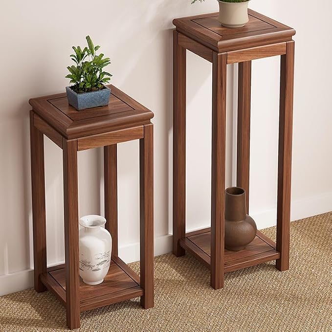 Mid-Century Solid Wood Plant Stand, 2-Tier Tall Narrow Plant Holder Display Table, Corner Small Side Table by Sofa Couch (11.8" L x 11.8" W x 27.5" H)
