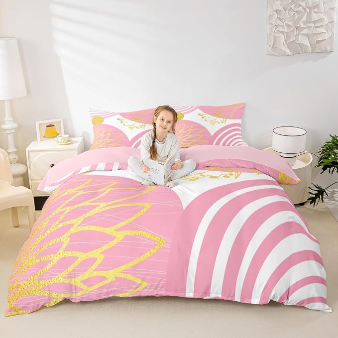 Erosebridal Mid Century Modern Duvet Cover King Size for Kids Girls Teens - Pink and White Abstract Comforter Cover Boho Minimalist Aesthetic Bedding Set Chic Modern Geometric Bohemian Floral Bed Set