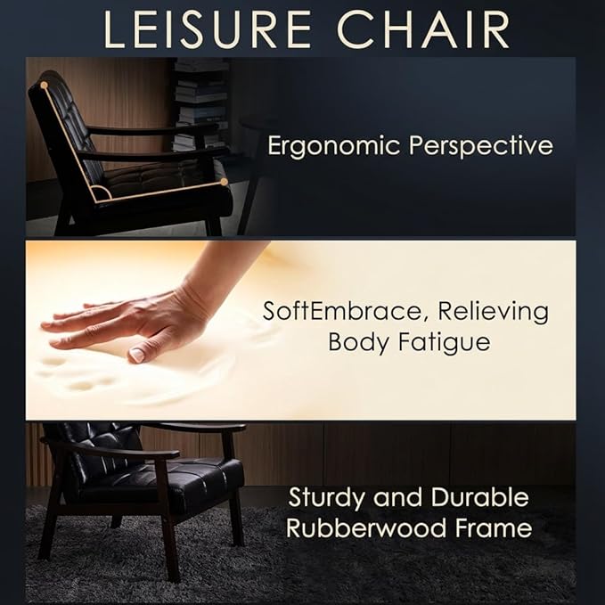 Mid-Century Modern Accent Chair, Upholstered Arm Chair Solid Wood Frame for Lounge, Living Room, Reading Room, Bedroom (Antique Black + PU Leather)