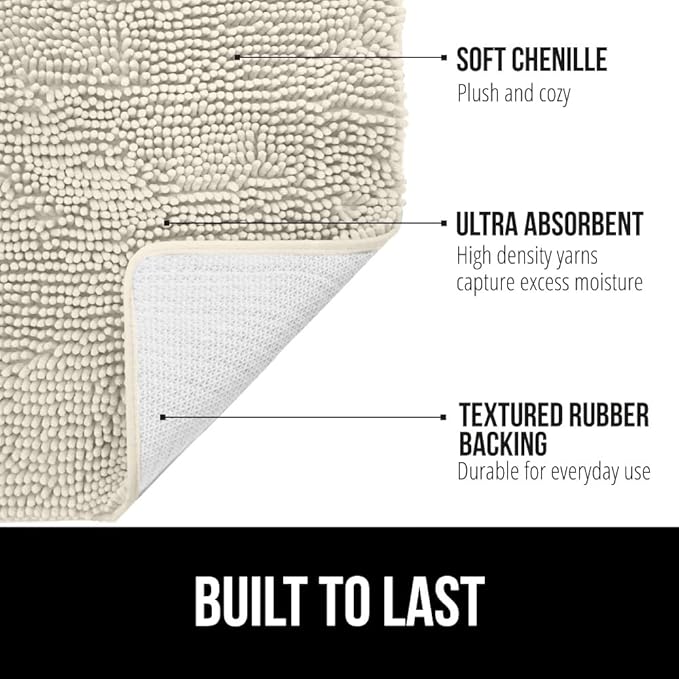 GORILLA GRIP Bath Rug Mat, Thick Soft Absorbent Chenille, Quick Dry Microfiber Mats, Rubber Backing Washable Shower Floor Rugs, US Designed Bathroom Bathmat Home Decor 24x17, Dusty Cloud
