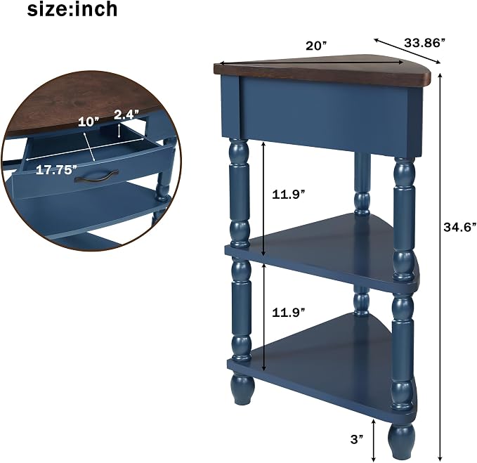 33.86" Corner Table, Wood 3 Tier Triangle Side Table Corner Shelf Stand with Solid Wood Legs 1 Drawer & 2 Storage Shelves for Living Room Small Space (Navy Blue)