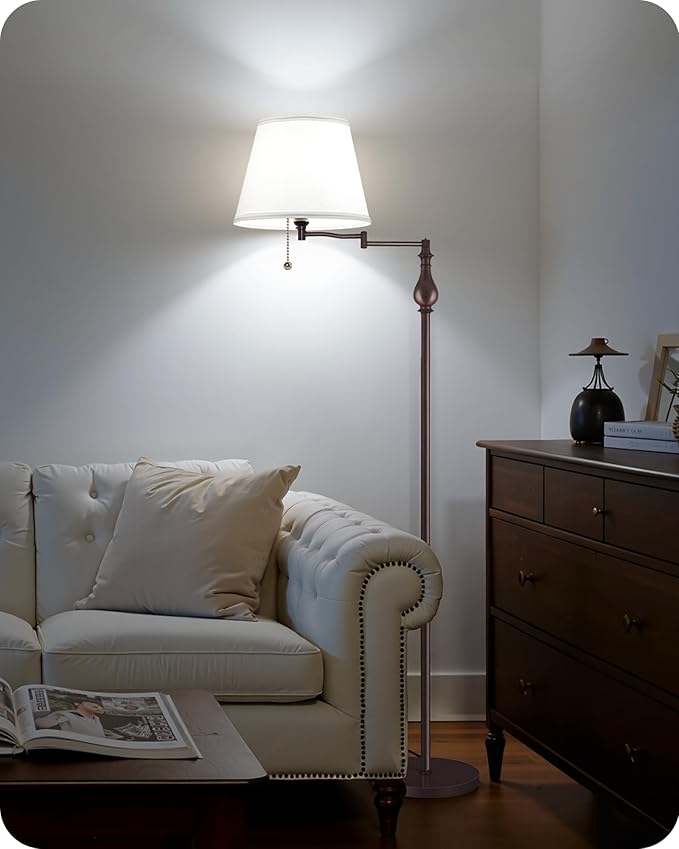 Vintage Floor Lamp with 350°Adjustable Swing Arm, 61” Mid-Century Modern Floor Lamp, Standing Pole Lamp with Pull Chain Switch, Antique Reading Lamp for Living Room, Bedroom, White and Brown VW13LD05