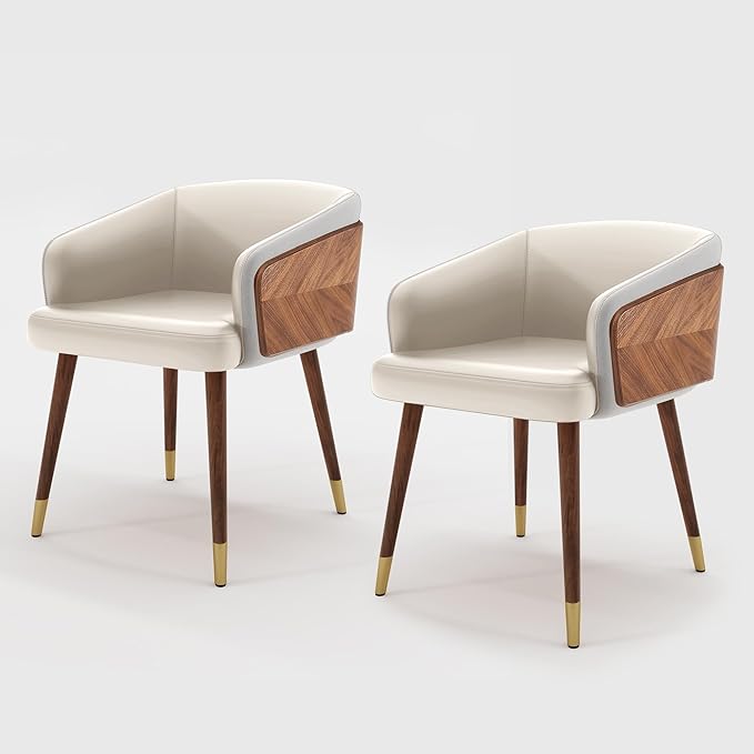 ARTPLAN Modern Upholsted Accent Dining Chairs Set of 2,Mid-Century Faux Leather with Walnut for Kitchen,Office Waiting Room Arm Sitting Chair, Beech Legs Dissassembly Adjustable Feet,Cream