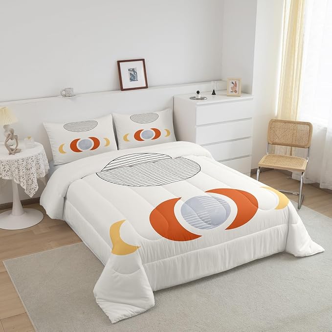 Mid Century Bedding Set King Abstract Moon Comforter Set, Striped Duvet Insert White Aesthetic Quilt Sets, Retro Minimalism Bedding Comforters & Sets Modern Art Bedroom Decor Ultra Soft 3pcs