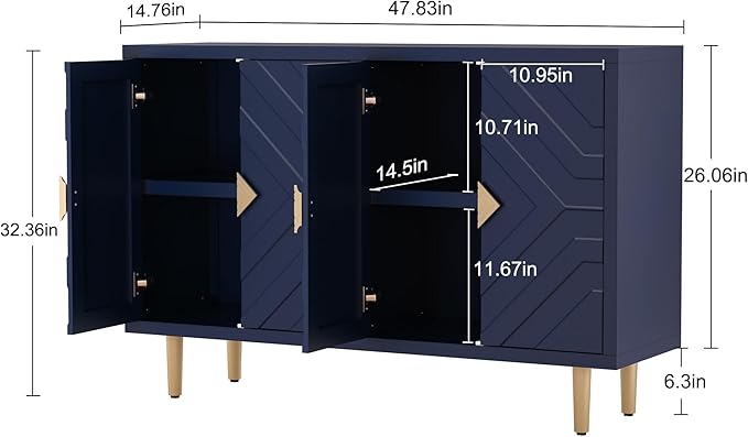 HLR 48" Accent Cabinet with 4 Doors and Shelves, Modern Sideboard Buffet Cabinet with Decorative Embossed Pattern Doors, Credenza Storage Cabinet for Living Room, Kitchen, Dining Room, Hallway