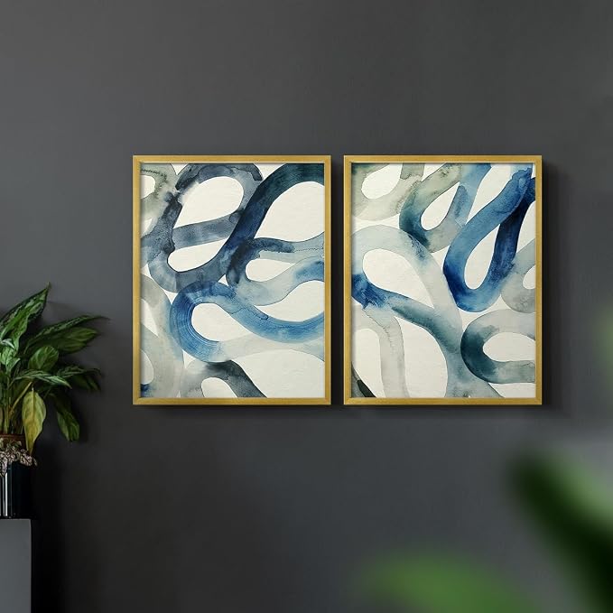 Renditions Gallery Set of 2 Peel & Stick Framed Prints, Watercolor Abstract Wall Art, Aquatic Water and Sand Strokes Wall Decor, Re-Stickable - Ready to Hang - 16"x20" - GOLD Frame LT588