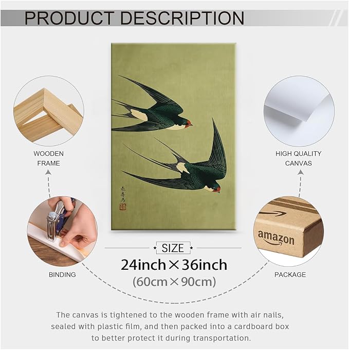 Wrapped Framed Japanese Flying Swallow Wall Art Asian Japandi Bird Animal Poster Nature Vintage Green Canvas Prints for Living Room Bedroom Home Decor 24x36 inch