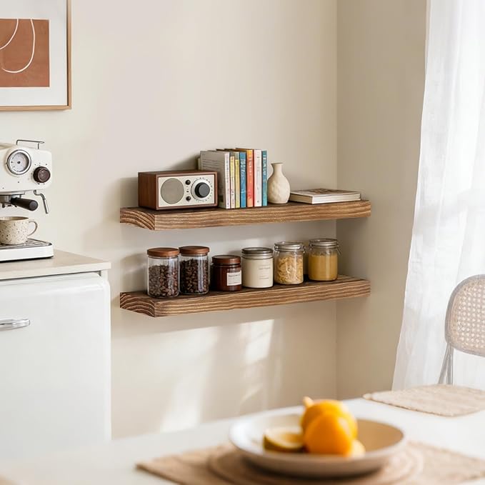 Floating Wall Shelves 24x6.8x1.7 Inch – Solid Wood Rustic Shelves in Dark Oak Finish – Wall Mounted Display Shelf for Bathroom, Kitchen, Bedroom – Set of 2
