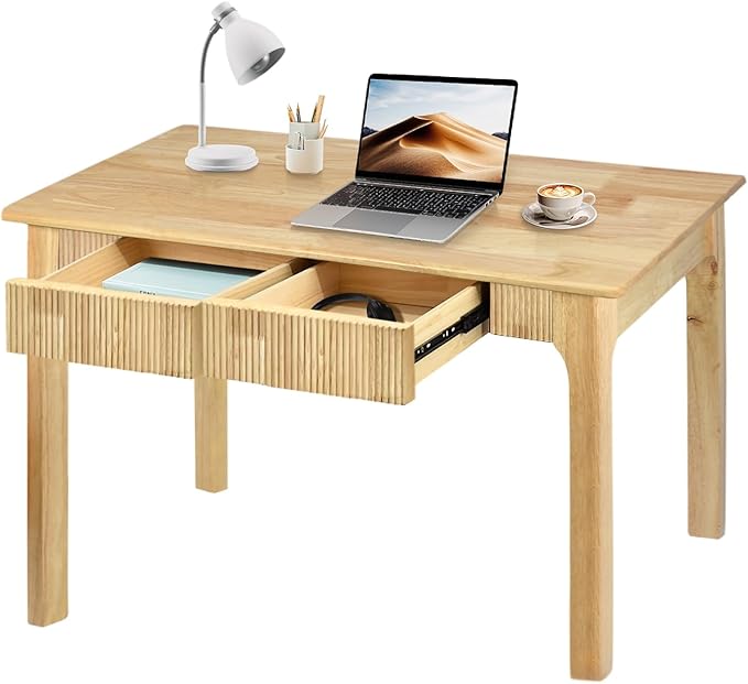 47.2'' Solid Wood Desk with 2 Drawers, Mid Century Modern Home Writing Office Wooden Desk,Vintage Computer Table with Storage for Living Room, Bedroom, Fluted Design (Natural, 47.2 Inch)