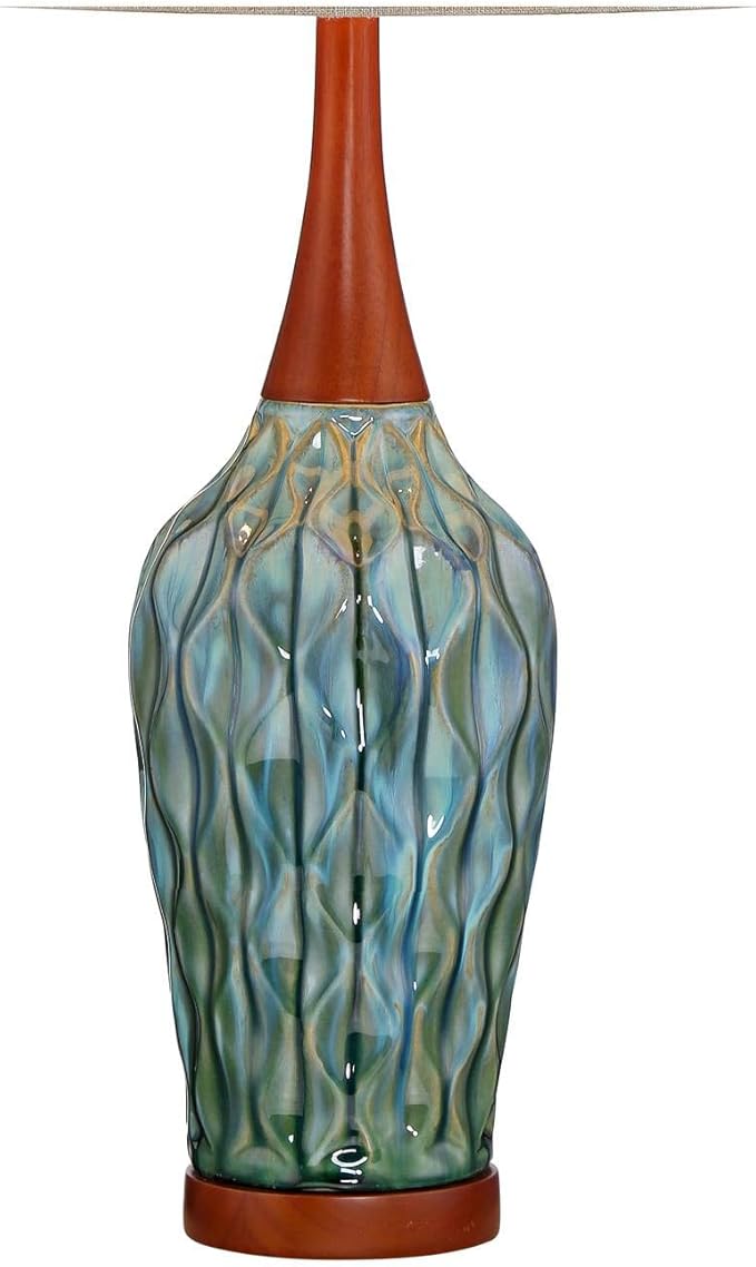360 Lighting Rocco Mid Century Modern Table Lamp 30" Tall Ceramic Blue Teal Glaze Wood Handmade Linen Drum Shade Cottage Core Decor for Living Room Bedroom House Bedside Home (Colors May Vary)