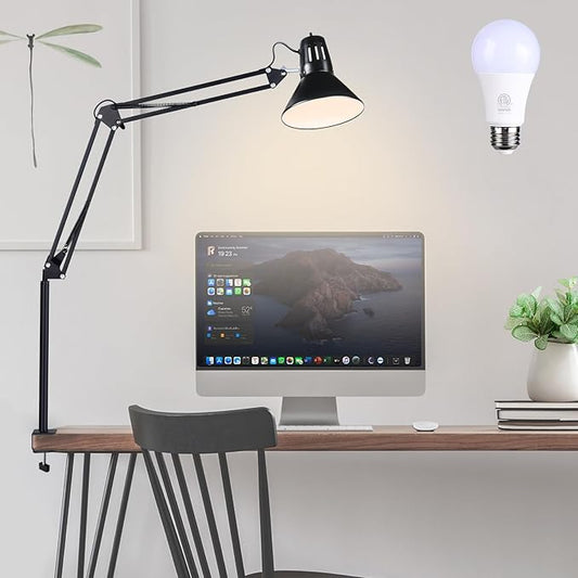 Swing Arm Desk Lamp for Home Office 360°Adjustable,Tall Metal Clamp on lamp with Bulb,Eye-Caring Clip on Desk Light for Computer Work Study Reading and Drafting