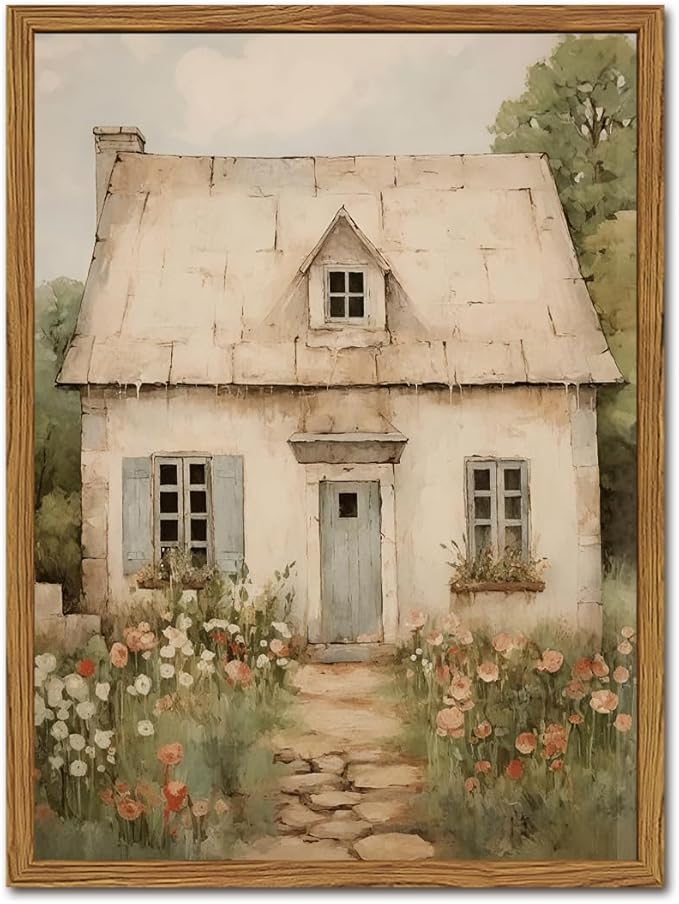 Vintage French Country Wall Art, Modern Farmhouse Wall Decor Painting, Rustic Cottage House Poster Canvas Prints Countryside Landscape Artwork for Bedroom Living Room 16x24 inch Wood Framed