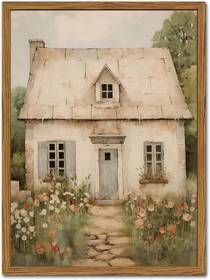 Vintage French Country Wall Art, Modern Farmhouse Wall Decor Painting, Rustic Cottage House Poster Canvas Prints Countryside Landscape Artwork for Bedroom Living Room 12x16 inch Wood Framed