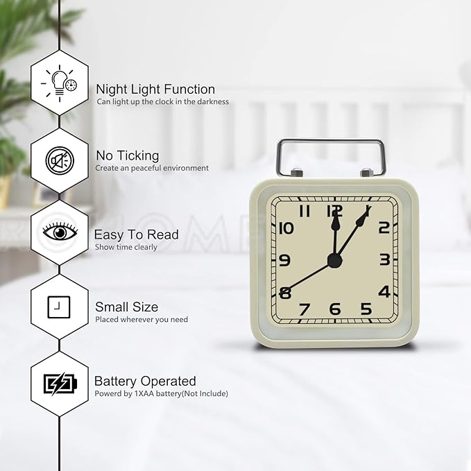 Rohome Small Alarm Clock, Retro Silent Quartz Movement with Night Light, Decorative Vintage Non Ticking Clock for Living Room, Office, Desk, Bedroom, Bedside, Hotel, Shelf, Nightstand (White)