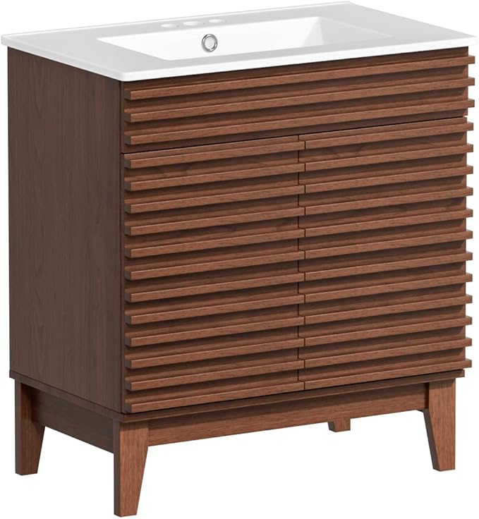 ROOMTEC 30" Bathroom Vanity with Sink, Mid-Century Freestanding Bathroom Vanity Sink with Storage, Undermount Ceramic Sink, Particleboard Frame with Wood Grain Laminate, Walnut