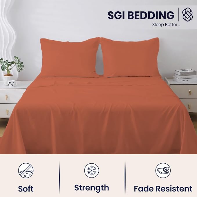 SGI bedding RV Short Queen Sheet Set 60x75, 600 TC Egyptian Cotton, 4 Piece Luxury Hotel Collection, Ultra Soft & Breathable, Fits RV Mattress Camper & Trailer, 15 Inch Pocket, Terracotta